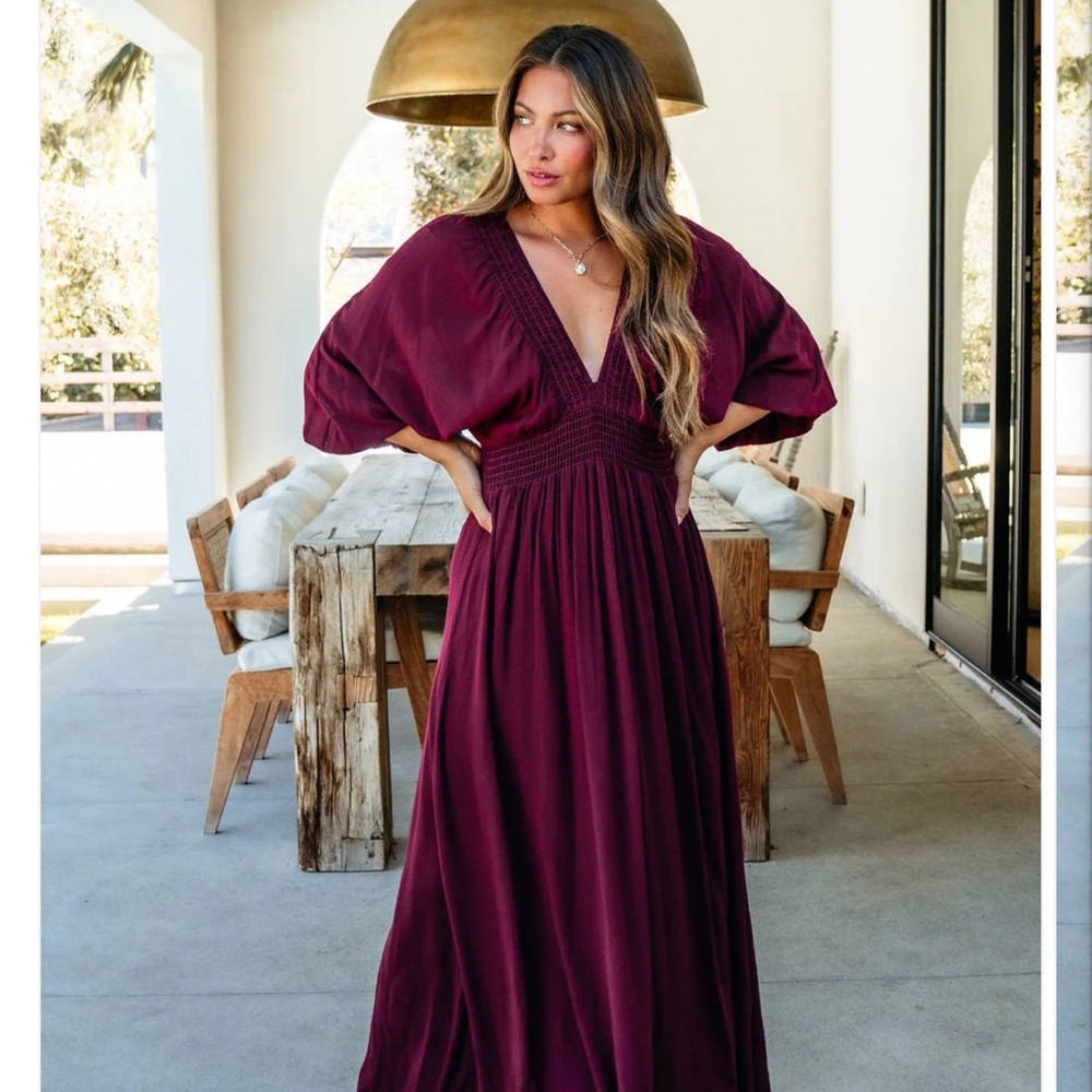 Magnolia Boutique Kate Burgundy Smocked Maxi Dress Large 10/12